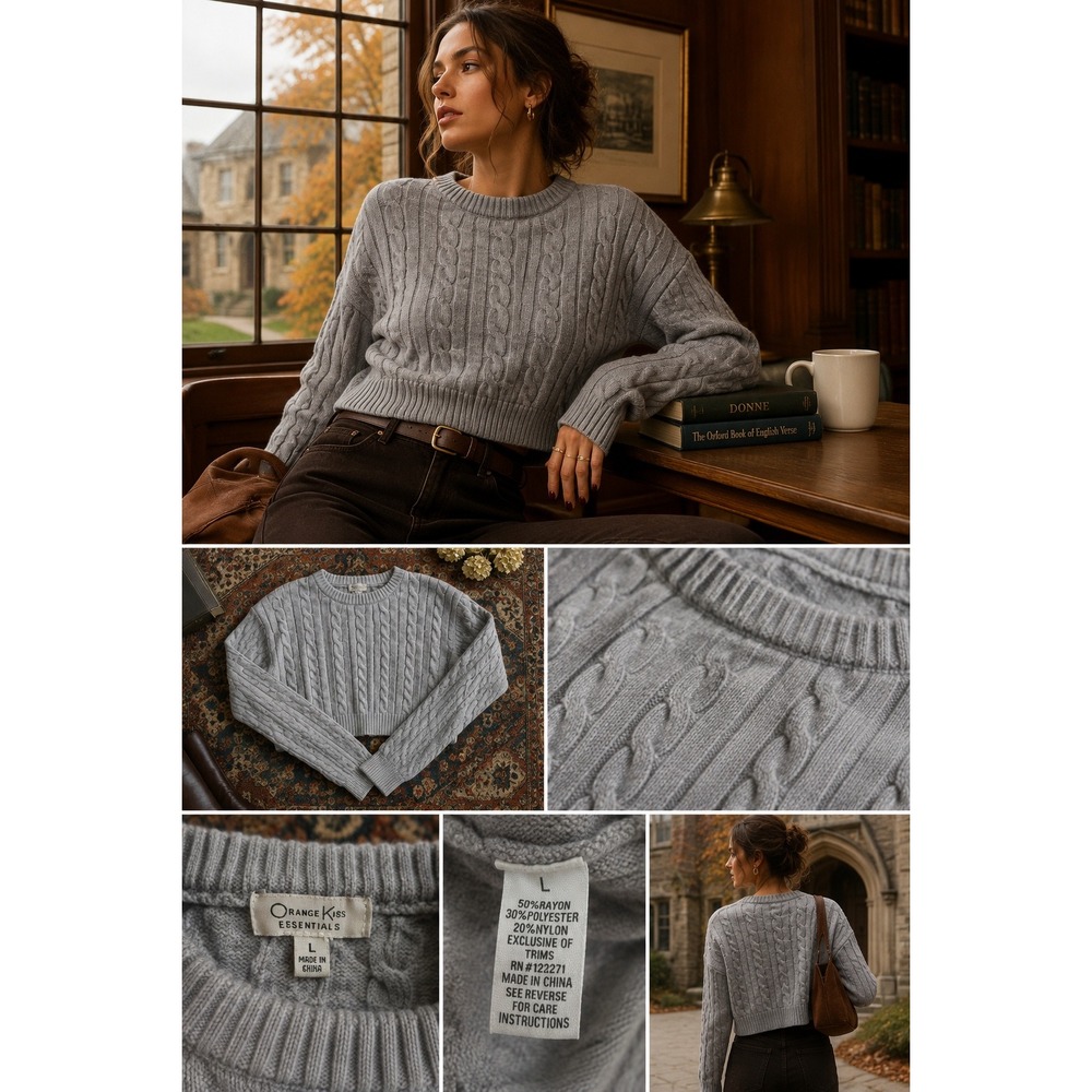Orange Kiss Cable Knit Cropped Sweater Womens Large Gray Crewneck Cozy Preppy